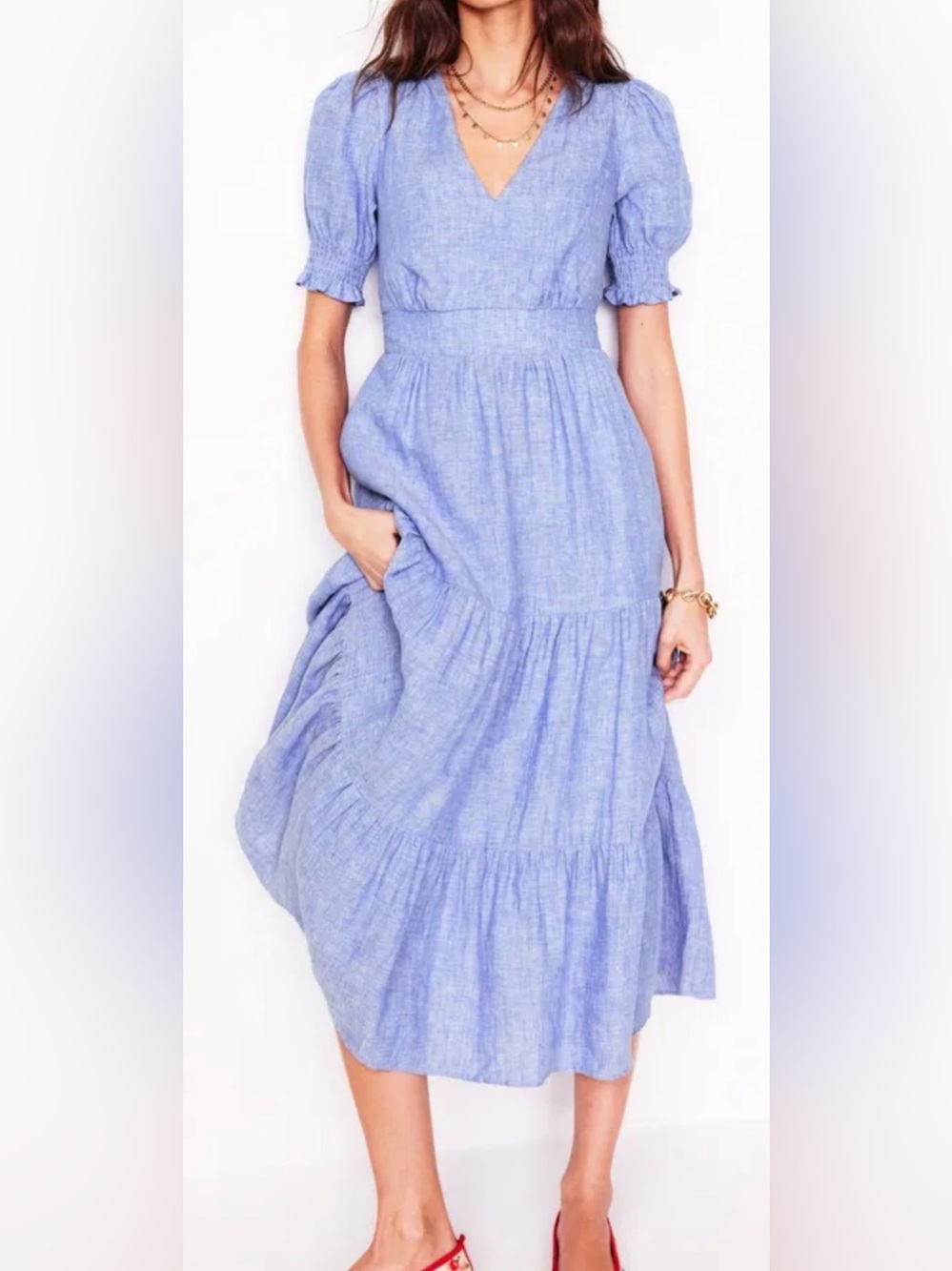 Boden Anna linen chambray tiered midi dress. Size 12US